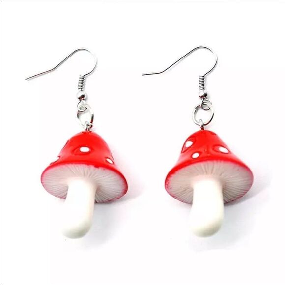 Red Mushroom Drop Earrings Psychedelic Magic Fun Funky - Picture 2 of 3